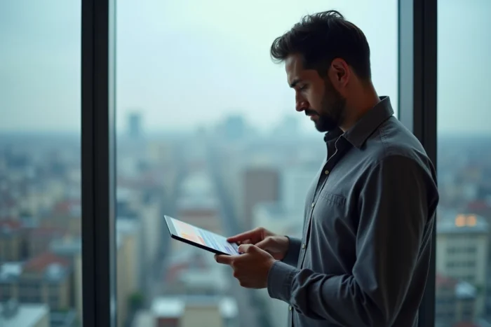 Homme d'affaires consultant des actualités numériques et tendances web sur une tablette près d'une fenêtre urbaine