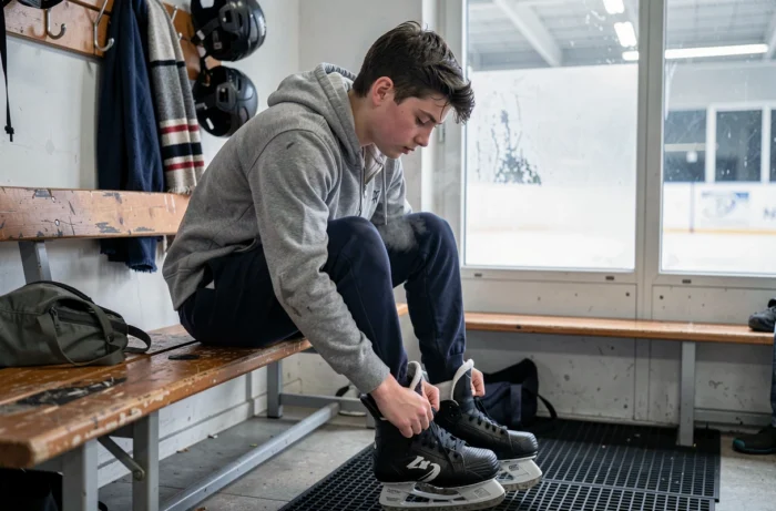 Adolescent lacant ses patins sur un banc dans les vestiaires d'une patinoire lyonnaise avant de glisser sur la glace