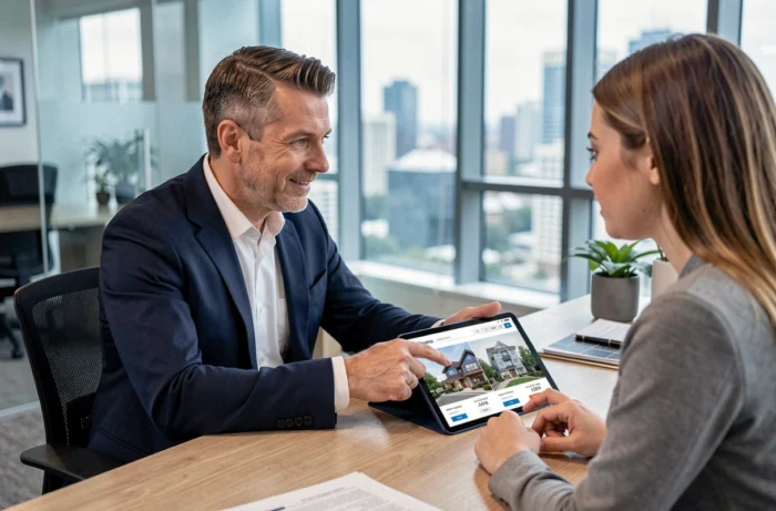 Agent immobilier conseillant une cliente sur des annonces de biens immobiliers via une tablette en agence