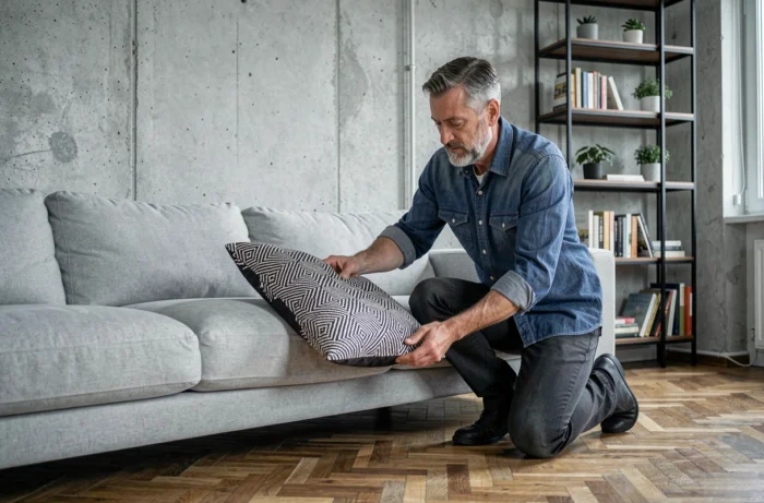 Homme repositionnant des coussins sur un canapé dans un salon contemporain avec murs en béton