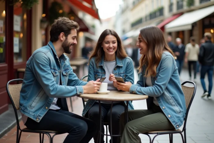 Groupe d'amis riant ensemble autour d'un café en terrasse parisienne avec contenu humour sur smartphone