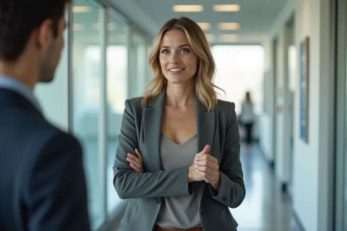 Femme en blazer dans un couloir de bureau faisant un geste calme de refus à un collègue, illustrant l'apprentissage de dire non sans culpabiliser pour préserver son bien-être