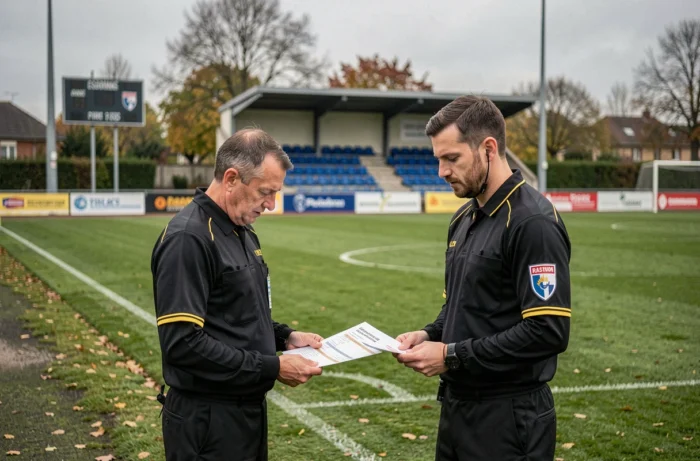 Deux arbitres du district Essonne football sur la touche d'un terrain suburban consultant le calendrier des matchs officiels
