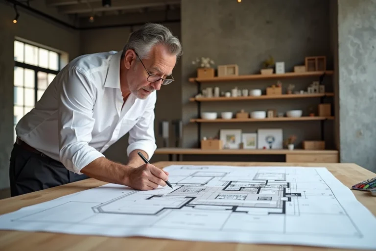 Architecte spécialisé en maisons individuelles sur mesure travaillant sur des plans de construction dans un studio d'architecture moderne