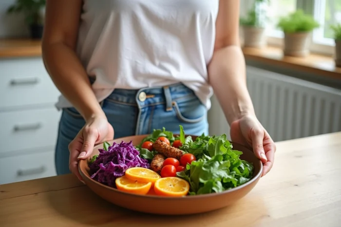 Femme composant une assiette colorée avec des légumes variés, des fruits et des feuilles vertes sur une table de cuisine moderne, illustrant l'alimentation équilibrée et colorée