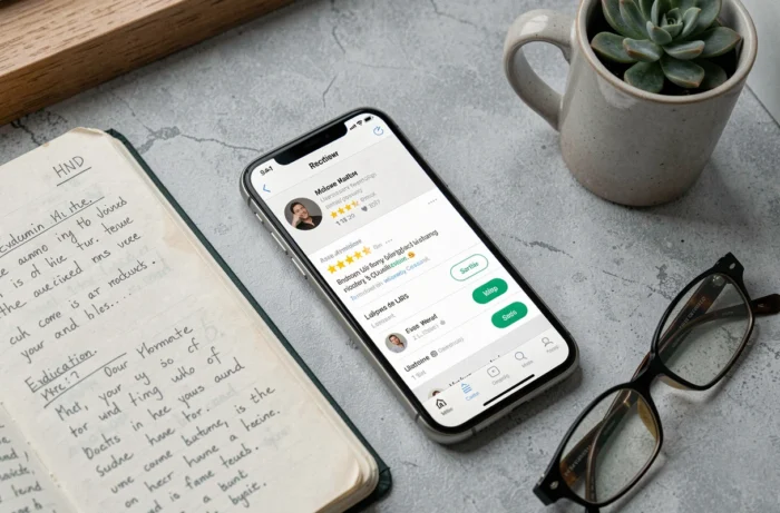Gros plan d'un smartphone affichant des avis utilisateurs sur Reborn21 avec un carnet de notes manuscrites sur un bureau, illustrant la recherche et l'évaluation de la plateforme en 2026