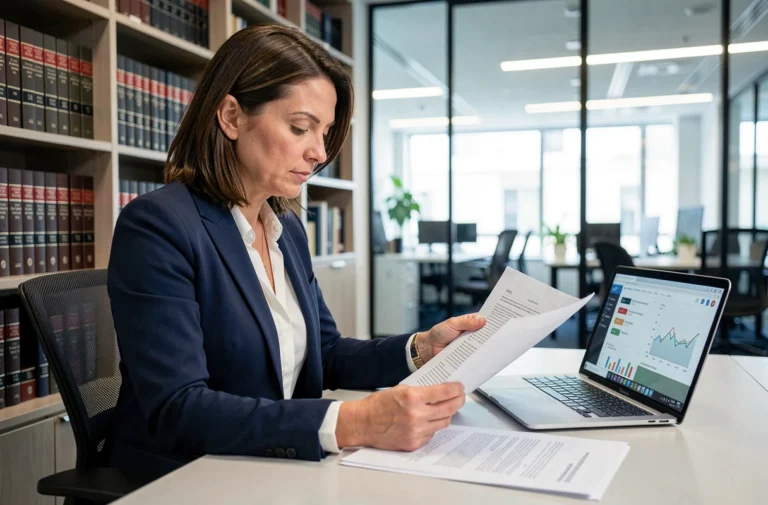 Avocate en droit numérique examinant des documents juridiques relatifs à la protection des données personnelles dans un bureau professionnel