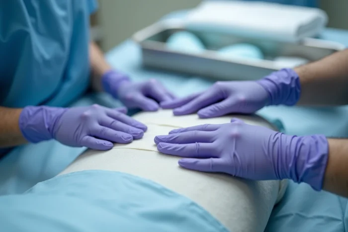 Professionnel de santé appliquant un bandage compressif sur l'abdomen d'un patient pour prévenir un sérome post-opératoire