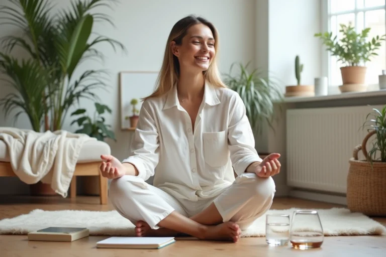 Femme détendue en vêtements en lin assise sur un parquet en bois entourée de plantes vertes et d'un carnet, dans un salon scandinave épuré symbolisant le bien-être quotidien