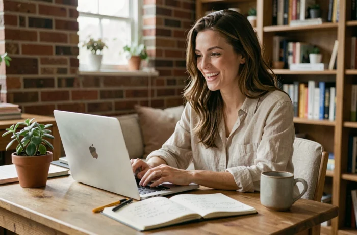 Femme blogueure amateur travaillant sur son blog depuis son bureau à domicile avec un ordinateur portable et un carnet de notes