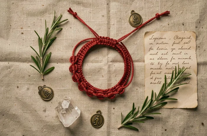 Bracelet rouge à 7 nœuds présenté en flat lay sur lin naturel avec cristaux, plantes séchées et amulettes symboliques