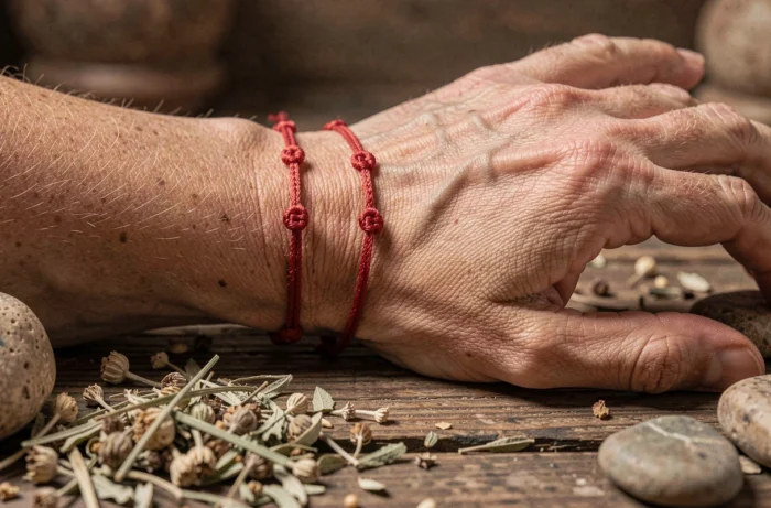 Bracelet rouge à 7 nœuds porté au poignet d'une femme, posé sur une surface en bois rustique entourée d'herbes séchées