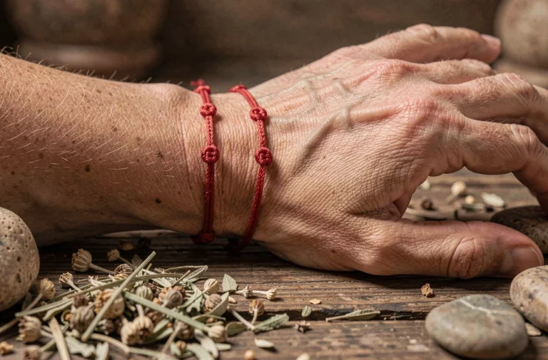 Bracelet rouge à 7 nœuds porté au poignet d'une femme, posé sur une surface en bois rustique entourée d'herbes séchées