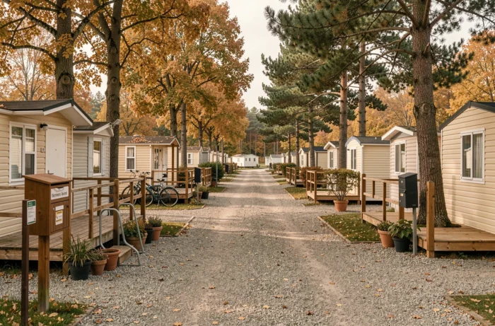 Vue extérieure d'un camping résidentiel ouvert à l'année en France avec des mobil-homes habités en automne