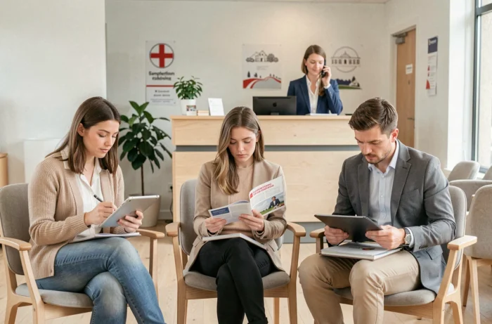 Des candidats attendent dans la salle d'attente d'une agence de placement en Suisse avant leur entretien
