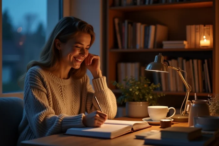 Femme en pull tricoté écrivant dans un carnet de gratitude le soir à son bureau près d'une fenêtre avec une bougie et une tasse de thé