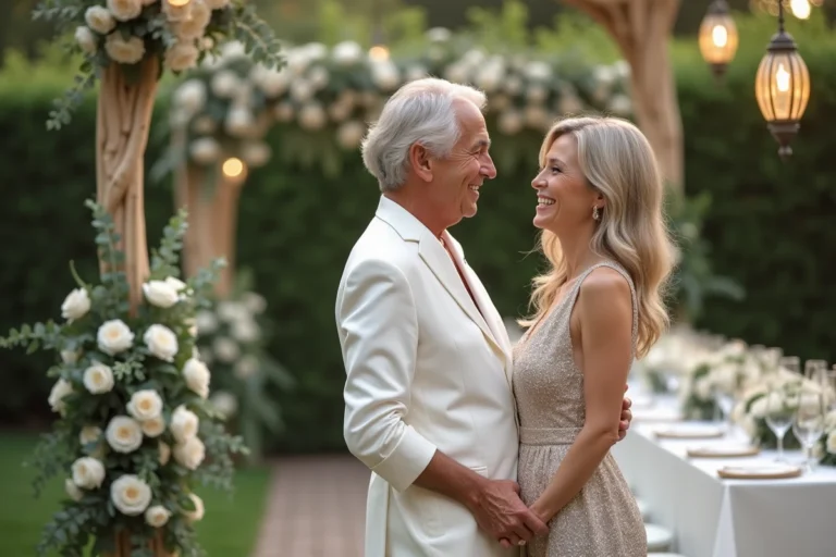 Couple élégant célébrant 25 ans de mariage dans un jardin décoré de roses blanches et lanternes