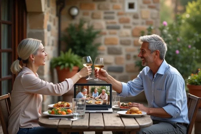Couple célébrant leur anniversaire en mode hybride avec un appel vidéo en famille sur une terrasse ensoleillée