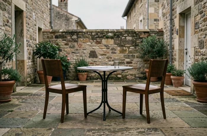 Deux chaises vides face à face sur une terrasse en pierre française, évoquant une conversation manquée et le silence entre une mère et son fils