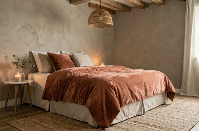 Chambre cosy avec literie en velours terracotta, lampe en rotin et bougie parfumée pour une décoration maison chaleureuse