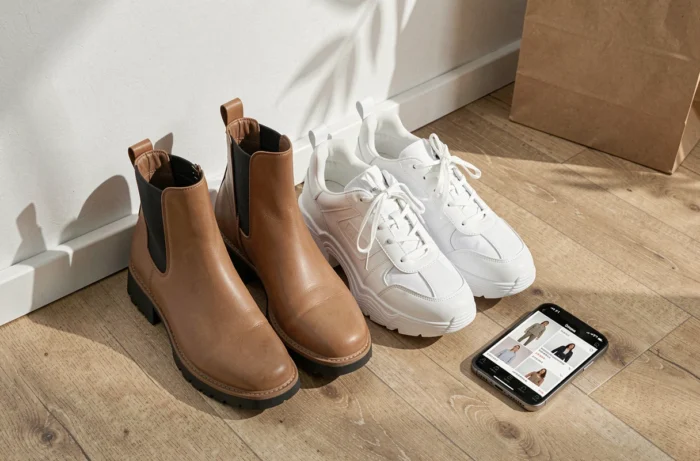 Bottines tendance et sneakers blanches posées sur un parquet clair avec un smartphone affichant une application de shopping de chaussures
