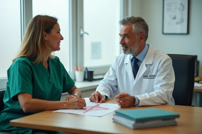 Chirurgien expliquant à une patiente les risques de sérome après une opération chirurgicale lors d'une consultation médicale