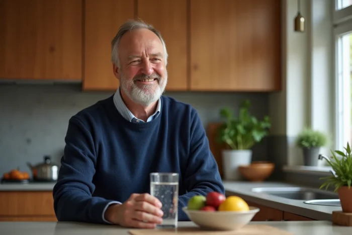 Homme en pull marine tenant un verre d'eau pétillante dans une cuisine moderne avec un bol de fruits frais, illustrant un choix de vie équilibré par rapport à l'alcool et au tabac