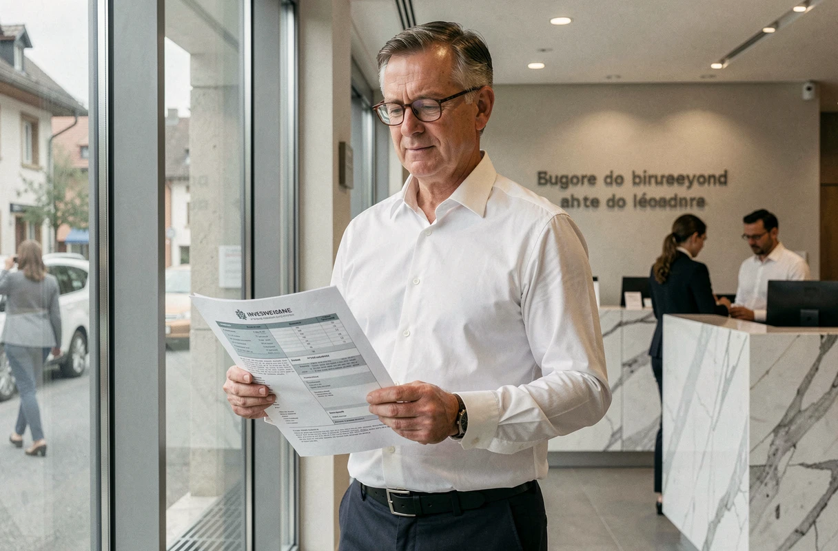 Client d'une banque européenne consultant son portefeuille d'épargne et d'investissement dans une agence moderne