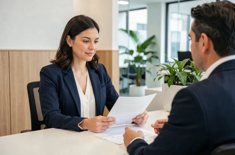 Une cliente discute de ses services bancaires avec un conseiller Société Générale dans une agence moderne
