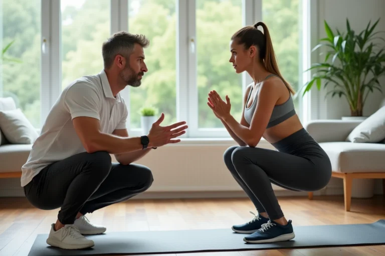 Coach sportif à domicile guidant une cliente lors d'un exercice de squat dans un salon moderne