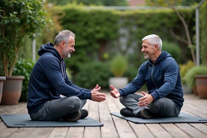 Coach sportif et client pratiquant des étirements en plein air sur une terrasse en bois entourée de verdure