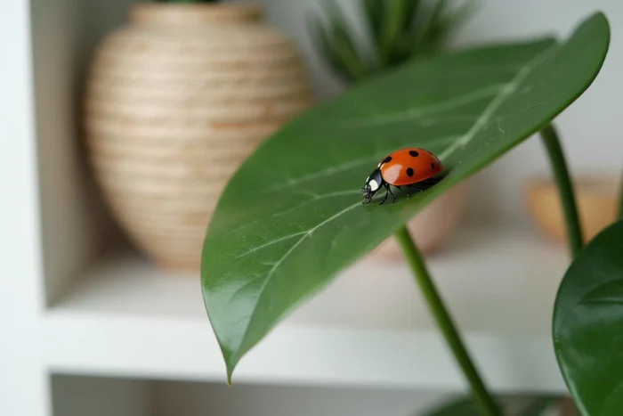 Coccinelle sur une feuille de plante verte dans un appartement, message spirituel et chance