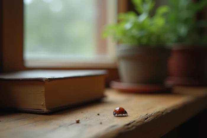 Coccinelle sur le rebord d'une fenêtre en bois à l'intérieur d'une maison, atmosphère chaleureuse et spirituelle