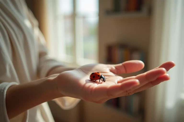 Coccinelle posée sur la main d'une femme près d'une fenêtre, symbolisme spirituel et nature