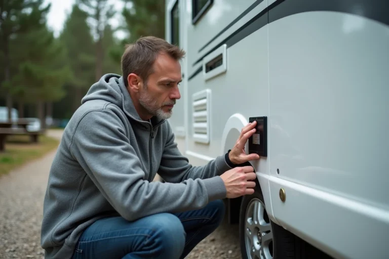 Homme lisant un code erreur sur le panneau de contrôle d'un camping-car Truma Combi 4 dans un camping européen
