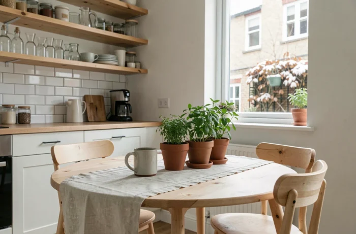 Coin repas scandinave avec table en bouleau, mugs en grès et herbes aromatiques en pot pour une ambiance maison tendance