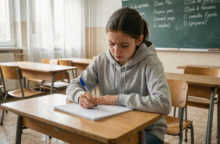 Jeune collégienne de 6ème écrivant une rédaction dans un cahier sur un bureau en bois, dans une salle de classe avec tableau noir en arrière-plan