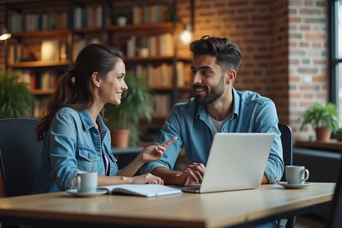 Deux collègues consultant les actualités ensemble sur un ordinateur portable dans un open space moderne