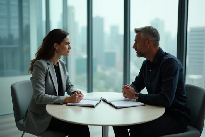 Deux professionnels discutant des différences entre intrapreneuriat et entrepreneuriat autour d'une table dans une salle de réunion moderne avec vue sur la ville