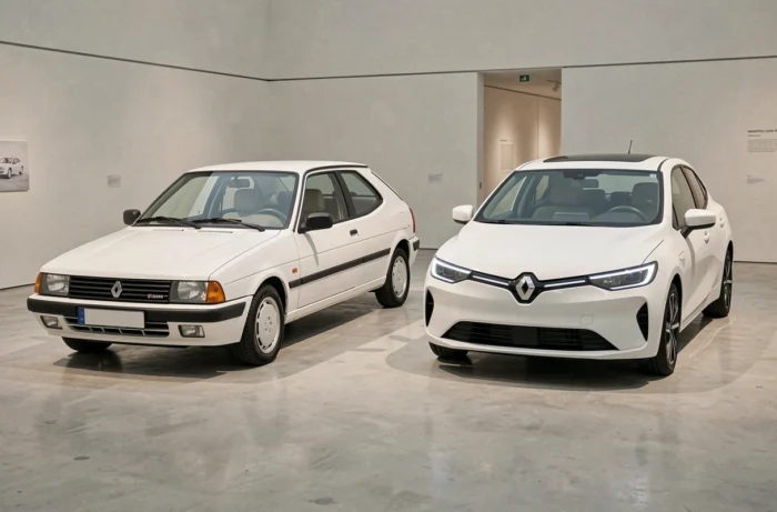Comparaison côte à côte d'une Renault Super 5 restaurée des années 1980 et d'une Renault 5 électrique neuve dans un musée automobile minimaliste, illustrant l'évolution du design entre les deux générations