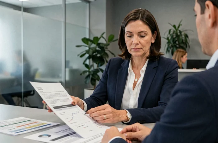 Femme consultant un conseiller bancaire pour comparer les taux immobiliers en 2024
