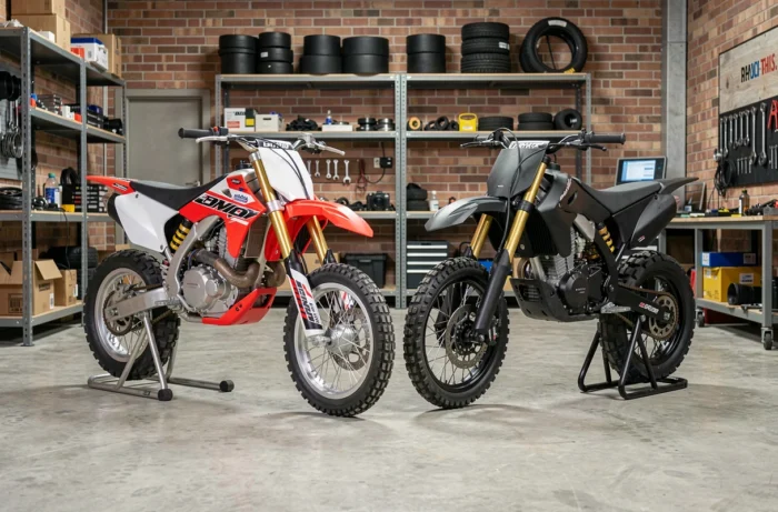 Comparatif de deux pit bikes supermoto côte à côte dans un atelier mécanique, modèles rouge et noir