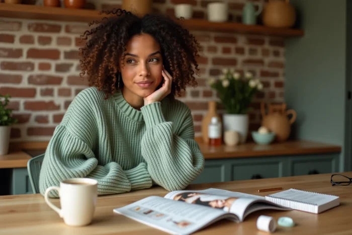 Femme aux cheveux bouclés lisant des conseils beauté et prenant des notes autour d'un café dans une cuisine cosy