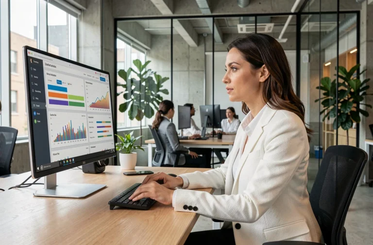 Consultante en agence web analysant des données de présence en ligne sur un écran d'ordinateur dans un open space moderne