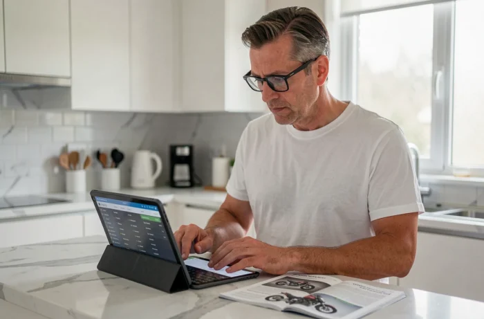 Homme consultant une fiche technique moto sur tablette avec manuel papier dans une cuisine moderne