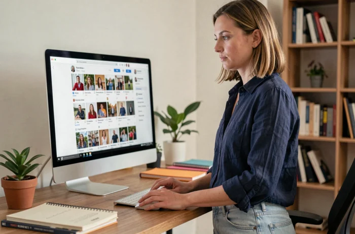 Femme consultant des photos publiques sur un profil de réseau social depuis un ordinateur de bureau à domicile