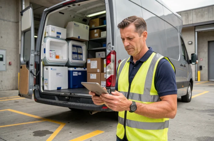 Coordinateur logistique vérifiant une livraison pharmaceutique réfrigérée sur un quai de chargement