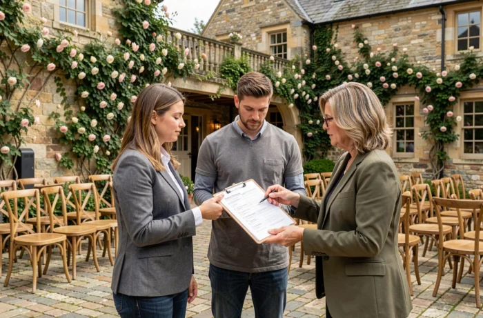 Couple discutant avec une coordinatrice de mariage dans un domaine rustique en pierre avec des chaises de cérémonie disposées en arrière-plan