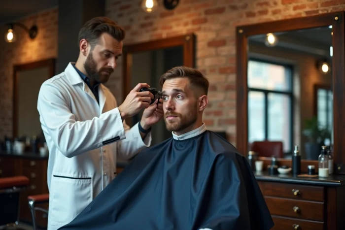 Barbier professionnel réalisant une coupe dégradé bas sur un client dans un salon de coiffure vintage