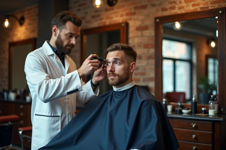 Barbier professionnel réalisant une coupe dégradé bas sur un client dans un salon de coiffure vintage